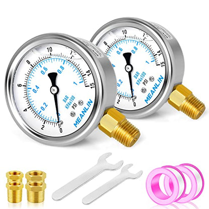 MEANLIN MEASURE 0~15Psi Stainless Steel 1/4" NPT 2.5" FACE DIAL Liquid Filled Pressure Gauge WOG Water Oil Air Lower Mount (Pack of 2), with 1/2" NPT and 3/8" NPT Hex Bushing - size: 0-15Psi (2Pcs)