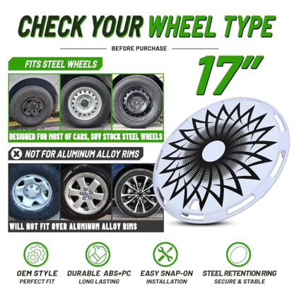 17" Universal Full-Size Hub Caps, 17 Inch Steel Wheels, White-Flower Bloom - color: White-Flower Bloom, size: 17 Inch