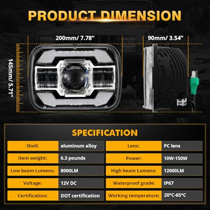 Auxbeam 12000LM 5x7 7x6 LED Headlights For Jeep XJ Cherokee Wrangler YJ - color: Black with silver frame
