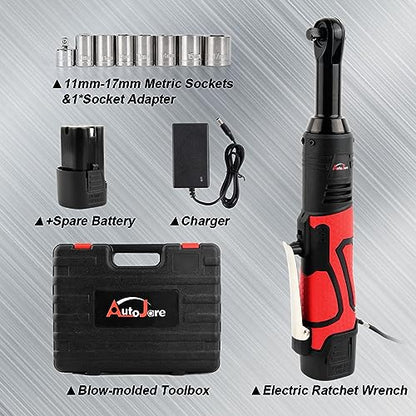 Extended 18V Cordless Electric Ratchet Wrench Set 3/8" Drive 450RPM 60 ft-lbs Power Ratchet Tool Kit with 1/4" Socket Adapter, 7pcs Socket, Charger and 2pcs 1.5Ah Lithium-Ion Batteries