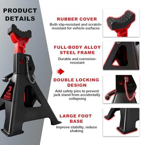3 Ton (6,600 LBs) Jack Stands with Double Pin Locking,Rubber Cover and Large Foot Base,11"-17" Adjustable Height,Heavy Duty Car Jack Stands,Lifting SUV,MPV,Pickup Truck,ATV/UTV,1 Pair - color: red-standard, size: 3ton Load Capacity