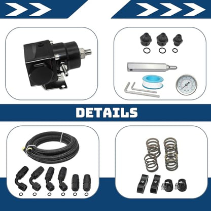 Universal Adjustable EFI Fuel Pressure Regulator Kit (20-120 PSI) - Equipped with Pressure Gauge and 10 FT 6AN CPE Fuel Line Hose and Adapter Fitting, in Black Anodized Aluminum Material