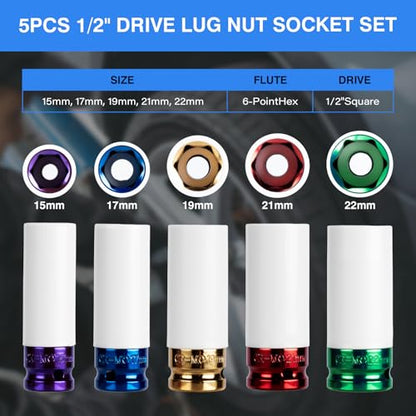 1/2" Drive Wheel Protector Impact Socket, Metric 15-17-19-21-22 mm (5 PCS) - size: 1/2" Color Impact Sockets 5pcs