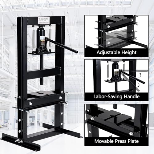 GAOMON 6 Ton Hydraulic H-Frame Shop Press – Heavy Duty Manual Hydraulic Press with Adjustable Bed, Stamping Plates, Worktable – Auto Repair, Metalworking, Garage, Engine Bearing Removal – 6T, Black