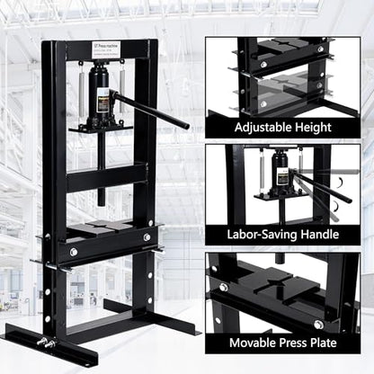 GAOMON 6 Ton Hydraulic H-Frame Shop Press – Heavy Duty Manual Hydraulic Press with Adjustable Bed, Stamping Plates, Worktable – Auto Repair, Metalworking, Garage, Engine Bearing Removal – 6T, Black