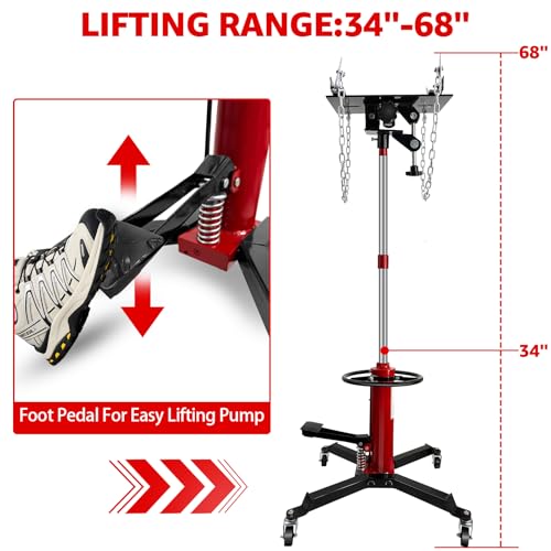 Transmission Jack,34"-68" High Lift,1660 Lbs Hydraulic Telescoping Transmission Jack,Single Stage Transmission Stand,0.75Ton Capacity with Foot Pedal,360° Swivel Wheel, Garage/Shop Lift Hoist