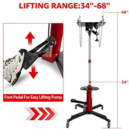 Transmission Jack,34"-68" High Lift,1660 Lbs Hydraulic Telescoping Transmission Jack,Single Stage Transmission Stand,0.75Ton Capacity with Foot Pedal,360° Swivel Wheel, Garage/Shop Lift Hoist