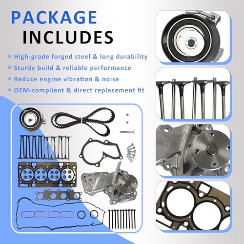 Head Gasket Set w/Head Bolts Timing Belt Tensioner w/Water Pump Intake & Exhaust Valve For Ford Escape Fiesta Fusion Transit Connect 1.6L 2013-2018 TCKWP343A HS55062 7S7Z-8501-C WP343K1A
