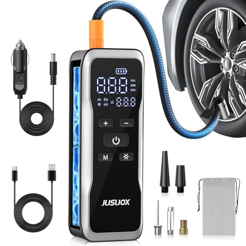 JUSUOX Tire Inflator Portable Air Compressor, Dual Power Air Pump - color: Grey