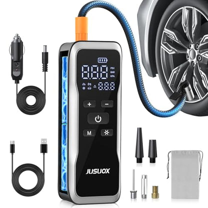 JUSUOX Tire Inflator Portable Air Compressor, Dual Power Air Pump - color: Grey
