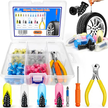 BURMONG 80Pcs Tire Repair Rubber Nails Kit with 4 Sizes,for Car,Motorcycle,