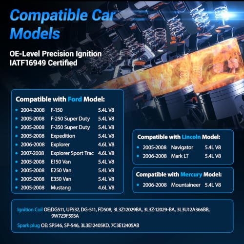 OTO-K Ignition Coils and Iridium Spark Plugs Set Compatible with Ford Expedition F150 F250 F350 Mustang 2005-2008/Lincoln Mark LT Navigator V8 5.4L 4.6L DG511 SP546 Set of 8 Straight Black Coil Boot