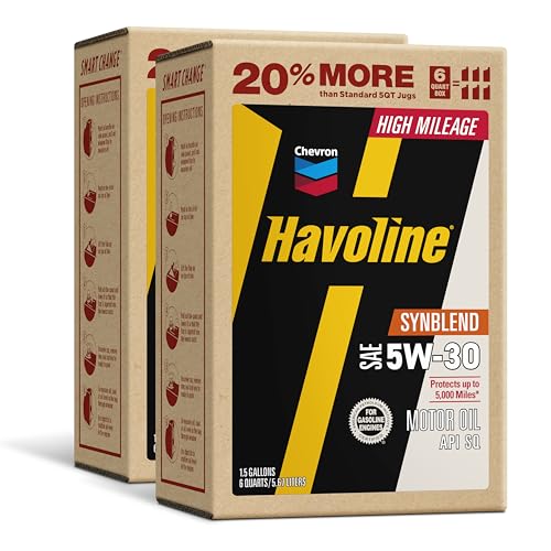 Havoline Motor Oil 5w30 High Mileage Synthetic Technology Smart Change Engine Oil, 5W-30, 6 Quarts, Pack of 2 - size: Pack of 2, style: 5W-30
