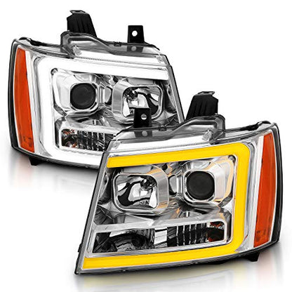 AmeriLite for 2007-2013 Chevy Avalanche/Suburban/Tahoe Switchback LED Turn Siganl Tube Chrome Projector Headlights Assembly Pair - Passenger and Driver Side - color: Chrome Projector Switchback LED Bar