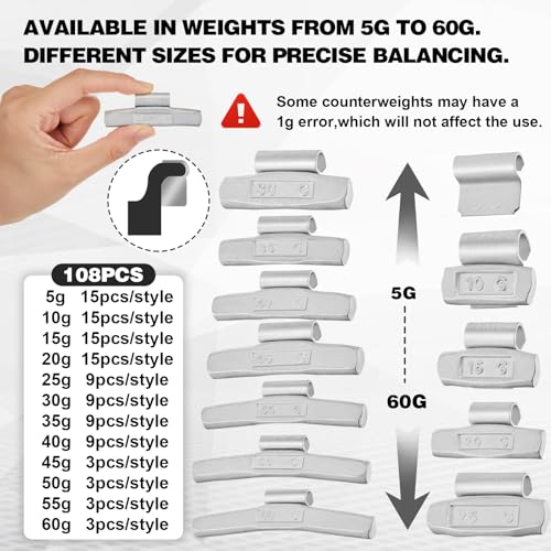 Fumete 108 Pcs Clip on Wheel Weights Assortment, 12 Sizes 5g-60g
