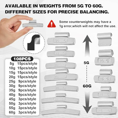 Fumete 108 Pcs Clip on Wheel Weights Assortment, 12 Sizes 5g-60g