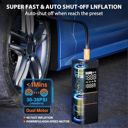 Tire Inflator Portable Air Compressor, 180PSI Air Pump with Dual Digital Pressure Gauge, Fast Inflation 32L/Min, Auto Shut-Off & LED Light, 3*2000mAh Battery Capacity, for Car, Motorcycle, Bike, Ball