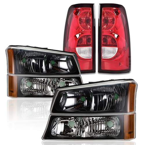 G-PLUS Headlights Assembly & Tail Lights Fit Chevy Silverado 1500 1500 HD 2500 2500 HD 2003-2006, Clear Lens Black Housing Amber Reflector Headlamps Assembly Red Taillights - color: Clear Lens Black Housing Amber Reflector & Red, size: Basic