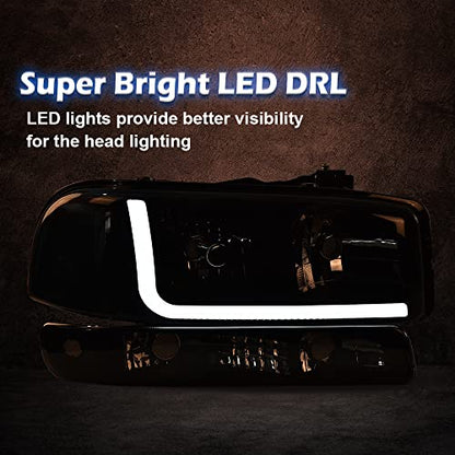 G-PLUS LED DRL Headlights Assembly Fit 1999-2007 GMC Sierra 1500 - size: [LED Smoky] 1999-2007 Sierra