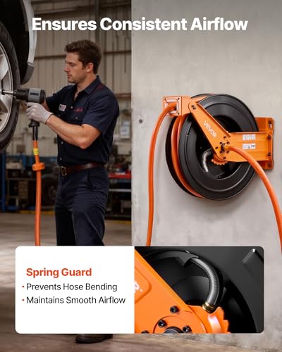 VEVOR Retractable Air Hose Reel, 3/4 Inch x 50 FT PVC Air Hose Max 300PSI, Auto Rewind Air-Compressor Hoses Reel with 5 ft Lead in, Ceiling/Wall Mount Heavy Duty Steel Double Arm - size: 3/4 in x 50 ft