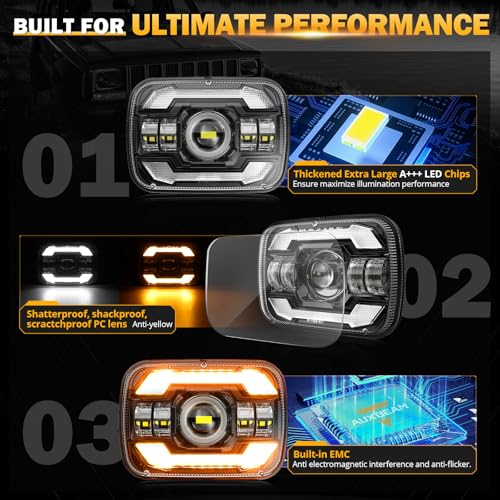 Auxbeam 5x7 7x6 LED Headlights H6054 For Jeep Cherokee XJ Wrangler YJ-Black - color: Black with black frame