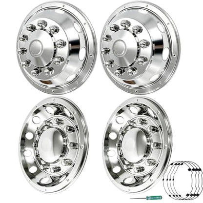 hightall 22.5" Wheel Simulators,Stainless Steel Hubcaps,Polished Surface,2 Front+2 Rear Wheel,Locking Ring Installation Wheel Cover Set Compatible with US Single Rear Axle Semi Truck 4 Wheels - size: 22.5 "For Semi Truck Single Rear Axle