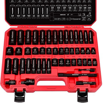 3/8" Drive Impact Socket Set - 49-Piece SAE (5/16 to 3/4 inch) and Metric (8-22mm) Sizes with Extension Bars and Universal Joint Standard & Deep CR-V Material for High Durability Impact Wrench - style: 3/8" | 49-Piece Standard & Deep