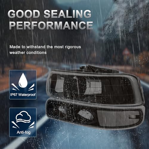 KUIPERAUTO Headlight Assembly Front Lamp Compatible with 1999-2002 Chevrolet Silverado 1500 2500 2000-2006 Suburban 1500 2500 Tahoe Black Housing/Smoked lens/Transparent Corner w/Bulb - color: Black/Smoked/Clear