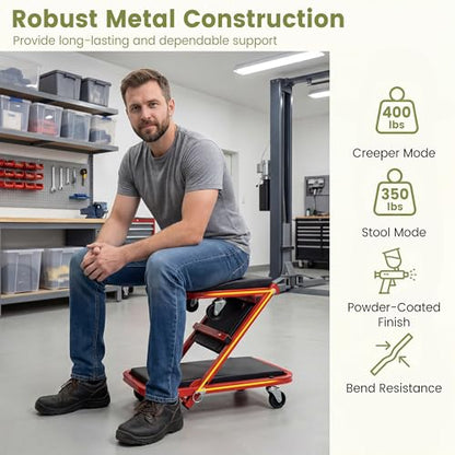 IRONMAX Folding Mechanic Z-Creeper, 2-in-1 Automotive Creeper & Stool, Red
