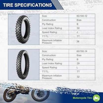 MaxAuto Front 60/100x14 & Rear 80/100x12 for Dirt Bike Tire, Replacement Motocross Off-road Tire for All Dirt Pit Bikes
