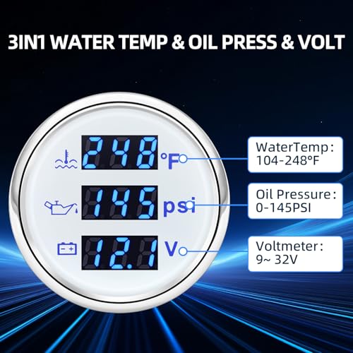 MH Triple Gauge Set - Water Temp (104°F-248°F), Oil Pressure (0-145PSI), Voltmeter (9-32V), Blue Backlight AUTO Gauge with Sensors 2" 52mm 3-in-1 Boat Marine Meter Kit (White) - color: White