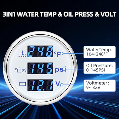 MH Triple Gauge Set - Water Temp (104°F-248°F), Oil Pressure (0-145PSI), Voltmeter (9-32V), Blue Backlight AUTO Gauge with Sensors 2" 52mm 3-in-1 Boat Marine Meter Kit (White) - color: White