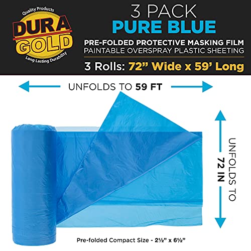 Dura-Gold 72" x 59' Pure Blue Pre-Folded Masking Film, (3 Pack) Painters - size: 72-inch