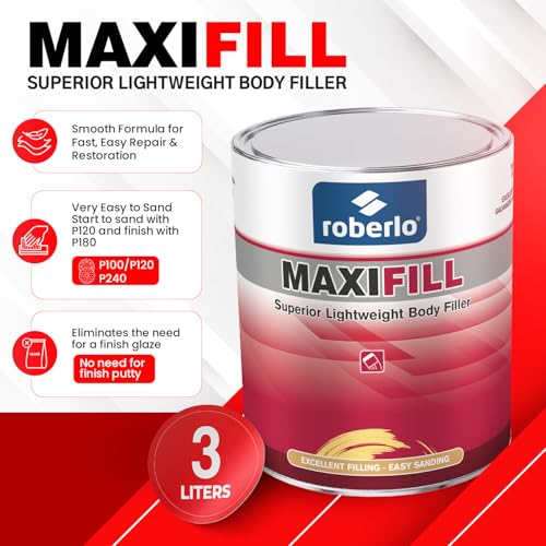 Roberlo Maxifill Superior Lightweight Body Filler – Easy Sanding & Paintable for Car Repairs – Ideal for Dents, Holes & Rust – Ultra Smooth Finish – 3 Liters + Hardener - size: 3 Liter