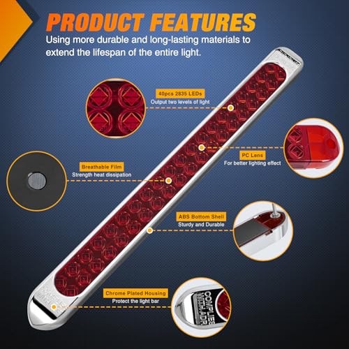 Nilight LED Tail Light 17" Red Running Brake Turn Lights W/Chrome Bezel - color: 2Pcs 17" Red 40LED w/chrome bezel