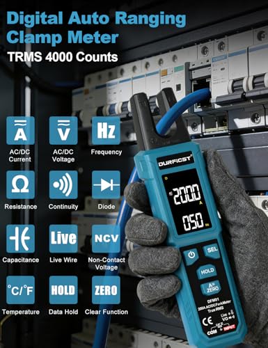Clamp Meter, DURFICST Digital Auto Ranging Amp Meter TRMS 4000 Counts, Clamp Multimeter with AC/DC Current & Voltage, NCV, Resistance, Capacitance, Frequency, Continuity, Live Wire, Temperature Test