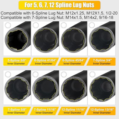 Topec 16-Piece Locking Lug Nut Master Key Set | 5, 6, 7, 12 Spline Socket Set, Star and Internal Hex Style Lug Nut Key Set, CR-MO Steel (Not for Hex, Deep, Large-Size, and 10-Spline)