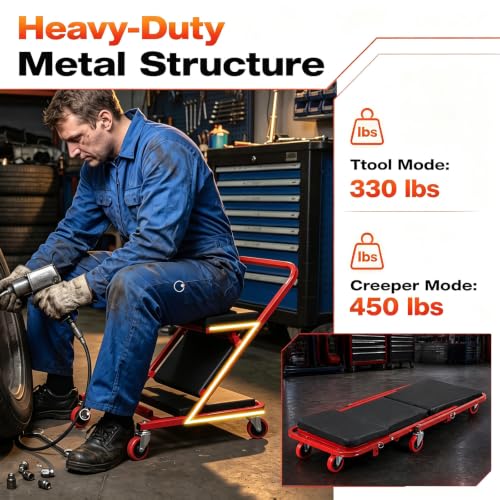40.5" 4-in-1 Foldable Mechanic Creeper with Adjustable Headrest & 6 Wheels - color: Red, size: 40.5"