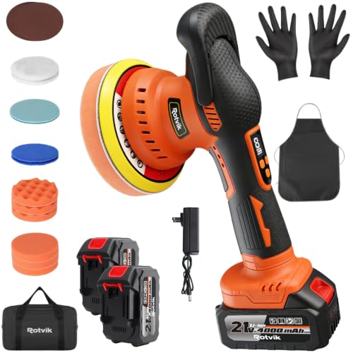 Cordless Car Buffer Polisher Kit, 2x4000mAh 21V Batteries, 6-Inch Orbital Car Polisher, 8 Variable Speeds, LED Display, 18-Piece Accessories for Waxing, Polishing & Scratch Removal
