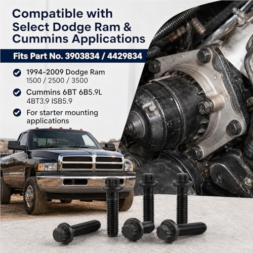 6 PCS Starter Mounting Bolts 3903834 Compatible with Dodge Ram 2500 3500 4000 Cummins 5.9L Diesel 2003-2006, 12 Point Starter Motor Mounting Bolt Kit, Replace 3903834 4429834