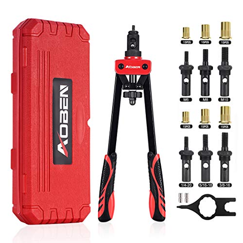 AOBEN 14" Rivet Nut Tool, Professional Hand Rivet Nut Setter Kit Labor-Saving and Compact Design Including 6 Interchangeable Mandrels 90pcs Rivnuts and 2 Mandrel Lock Pins - size: 14" Rivet Nut Tool Kit