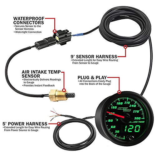 MaxTow Black & Green 300F Air Intake Temperature Gauge Kit, 2-1/16" 52mm