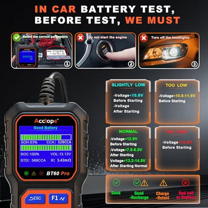 BT60 PRO 2–120Ah Battery Tester 6V/12V/24V 100–3000 CCA QR Report - color: Black-Orange