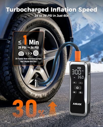 JUSUOX Tire Inflator Portable Air Compressor, Dual Power Air Pump - color: Grey