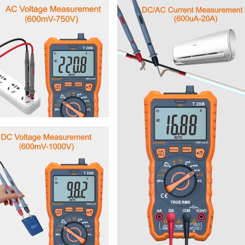 True RMS Digital Multimeter Tester, Auto-Ranging AC DC 20A Ohmmeter 1000V Voltmeter with NCV, Measure Voltage Current Amp Resistance Diode Continuity Duty-Cycle Capacitance Temperature, for Home Auto - style: up to 1000V/20A