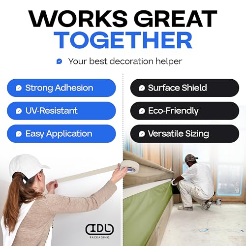 IDL Packaging Premium Masking Kit - 18" x 60 Yards Green Masking Paper (6 Rolls) and 1.41" x 60 Yards White Tape (6 Rolls) - Masking Set to Protect Surfaces - Great for Automotive Industry - size: Green 18" X 60 Yards, style: SET White, Pack of 6