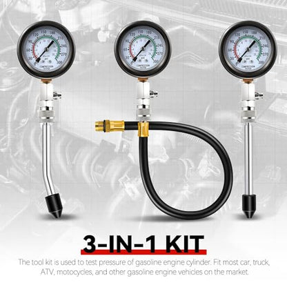 Auto Dynasty 8 Pieces Kit - 3-in-1 Engine Compression Tester Automotive Quick & Accurate Cylinder 0-300 Psi Pressure Measurement Tool with Carrying Case Universal for Vehicles (Red)