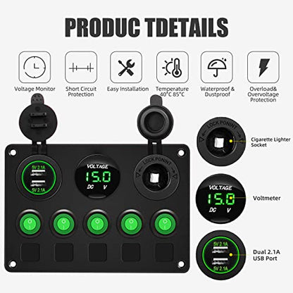 FXC 5 Gang Rocker Switch Panel with Dual USB Slot Socket 5V 4.2A + Cigarette Lighter + Voltmeter for Marine Boat Car Rv Vehicles Truck 12-24V Waterproof Blue LED (5B Green) - color: Green