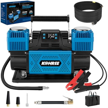 Kohree 12V Dual Cylinder Air Compressor with Digital Display Panel - size: 14.17 x 5.9 x 9.05 inch