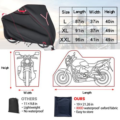 800D Motorcycle Cover 91 Inch - Outdoor Moped Cover with Lock Hole Universal Fit, Heavy Duty & All-Weather Waterproof Motor Cycle Protection Fit for Harley, Honda, Kawasaki, Fit Up to 91" Motorcycles - size: (XL) 91" x 37" x 49"